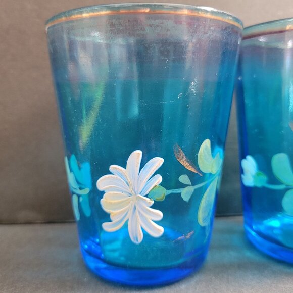 Vintage Blue Glass Juice Glasses With Hand-Painted Floral Design - Picture 8 of 10